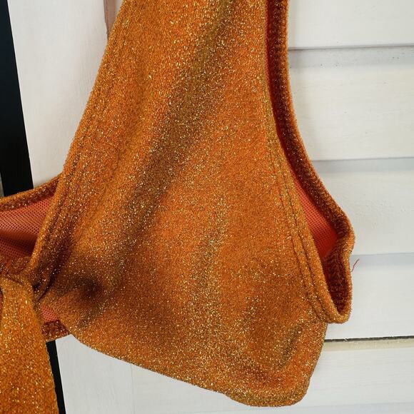 New Lulus Glittering Waters Orange Sparkly Tie Front Bikini Swim Top Size M - Picture 3 of 6